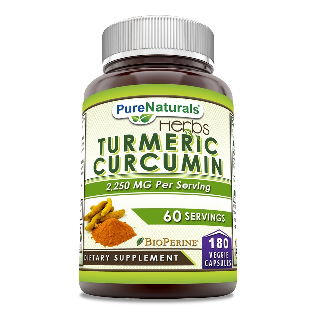 Pure Naturals Turmeric Curcumin med Bioperine 2250 mg Per Serving Supplement | Veggie Capsules | Ikke-GMO | Glutenfri | Laget i USA (1 pakke, 180 greve)