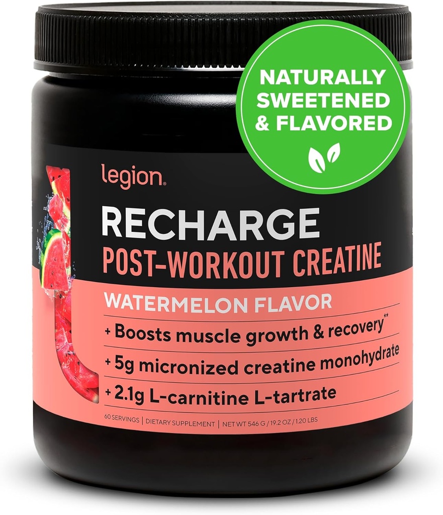 LEGION Athletics Recharge Post Trening Supplement - Alle naturlige muskelbygger og gjenopprette drikke med kreatinmonohydrat. Naturlig søt og smakfullt, trygt og sunt (vannmelon, 60 serveringer)