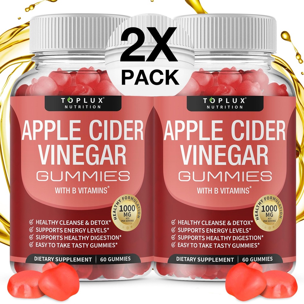 Toplux Apple Cider Vinegar Gummies - 1000 mg ACV med B12, Beet Root, Pomegranate for immunsystem, Detox & Cleanse, Gummy Alternativ til Apple Cider Vinegar Capsules, for menn 2X Pack