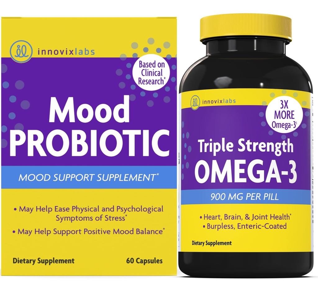 InnovixLabs Mood Probiotic & Triple Omega Bundle Mood Probiotic (60 Kapsler) Triple Styrke Omega-3 Fish Oil (200 Softgel). Støtter hjerne, ledd og immun helse