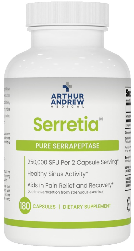 Arthur Andrew Medical, Serretia, Serrapeptase Formula for Muskel og Sinus støtte, 180 Kapsler