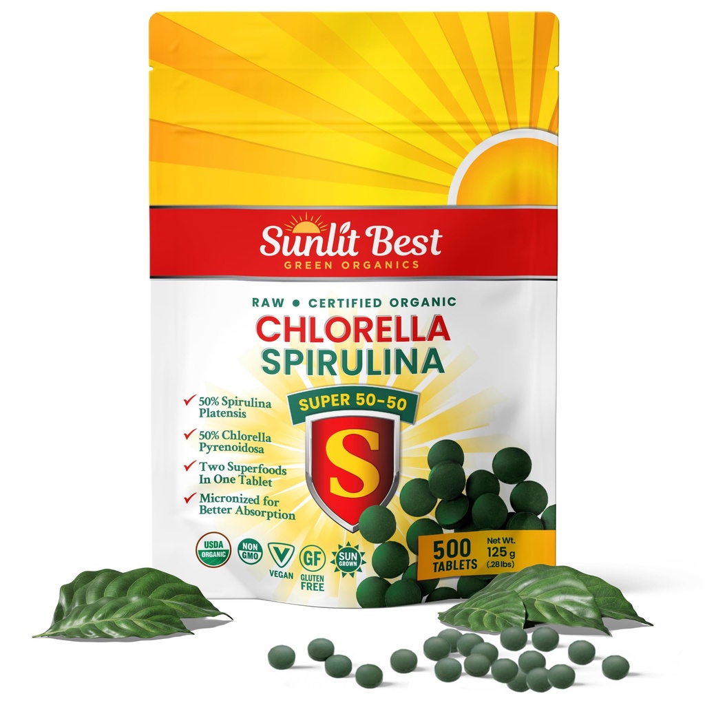 Sunlit Super 50/50 Organic Chlorella Spirulina Tabletter - Super Supplement for immun støtte, Gut helse, Mood & energi - rik på klorofyll, Aminosyrer og vegansk protein, 500 Superfood Tabs