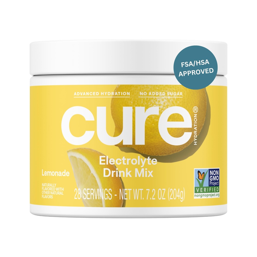 Cure Hydration | Plantebasert Electrolyte Drink Mix | Ingen tilsatt sukker | FSA-HSA | Dehydrering Relief pulver laget med kokosvann | Ikke-GMO | Vegansk | 28 Servering Jar - Lemonade