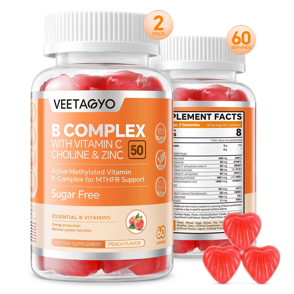 B-kompleks 50 gummier ,Metylert B-kompleks med vitamin C,Cholin og sink - Aktivt metylert B-kompleks for energi,Metylert støtte - Alle B-vitaminer - B1,B2,B3,B5,B6,B7,B9,B12 - Sukkerfri,120 greve