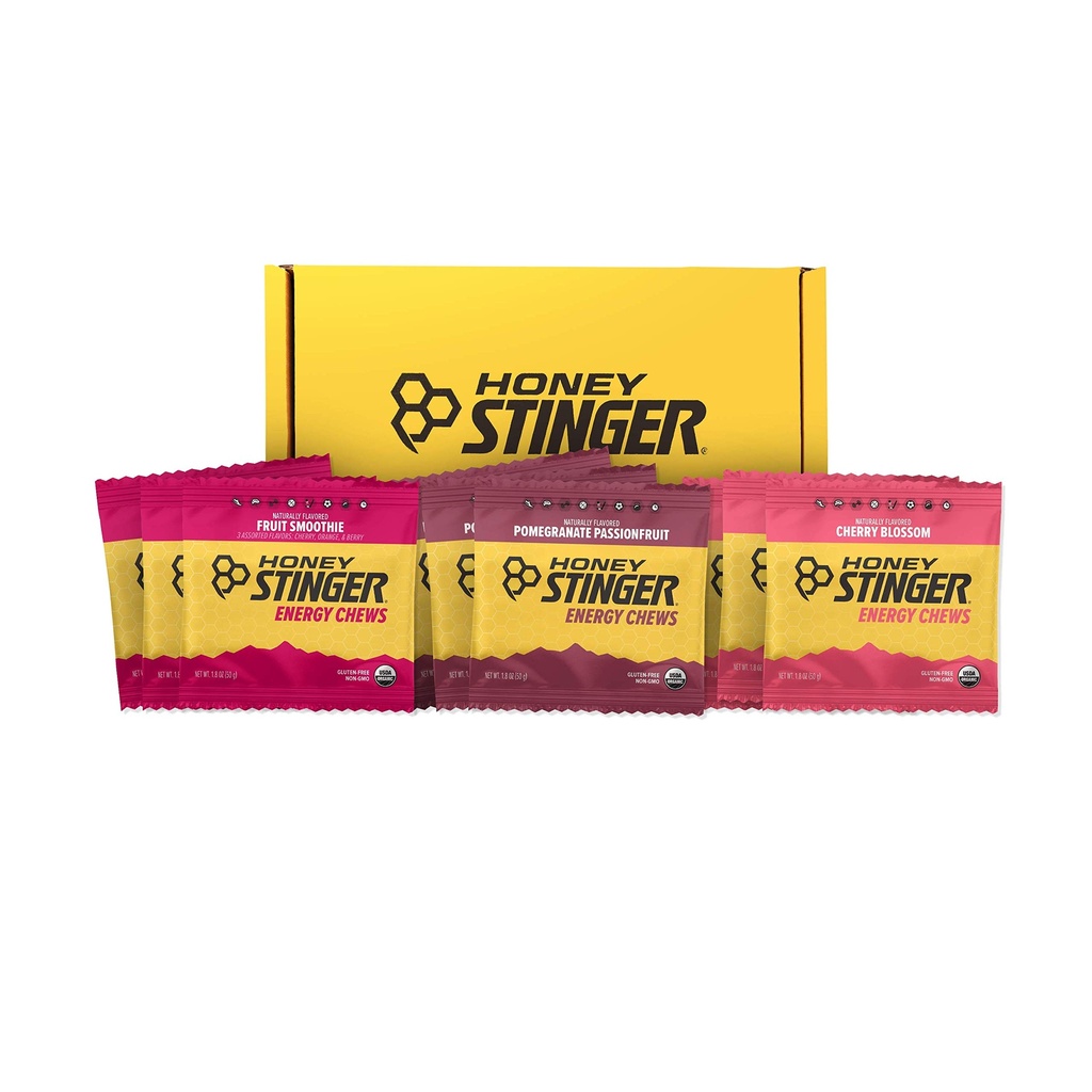 Honning ingefær organisk energi Chew Variety Pack | 3 Pack Hver av frukt smoothie, Pomegranate Passionfrukt og Cherry Blossom | Glutenfri & Koffein Gratis | Sportsnæring for alle øvelser