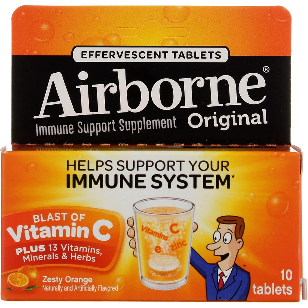 Airborne 1000mg vitamin C med vitamin D & sink, sukker gratis multivitamin immun støtte Supplement, antioksidanter vitaminer A C & vitamin E, 10 effervescent tabletter, Zesty Orange Flavor