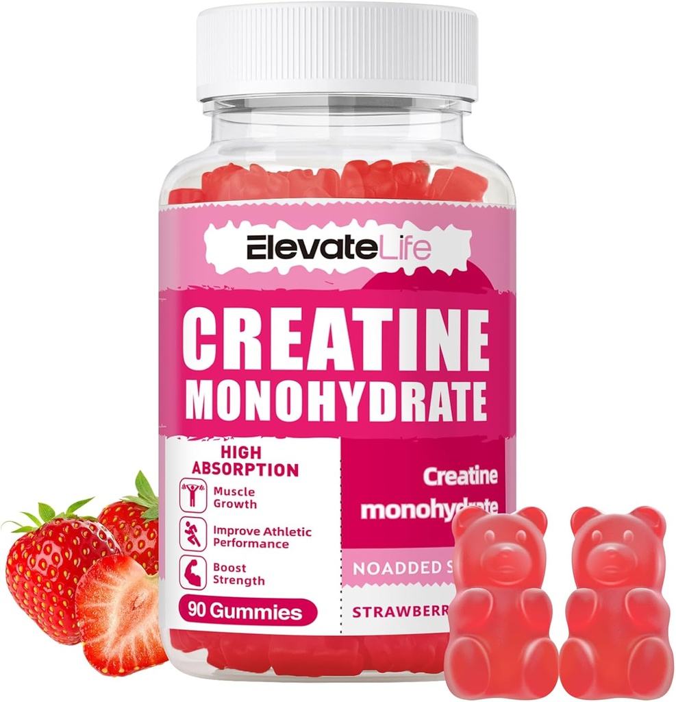 ElevateLife Kreatin Monohydrat Gummies 5000mg for menn og kvinner, Chewables Kreatin Monohydrat for muskel styrke, Muskelbuilder, Energiøkning, Pre-Workout Supplement(90 greve)-Strombær