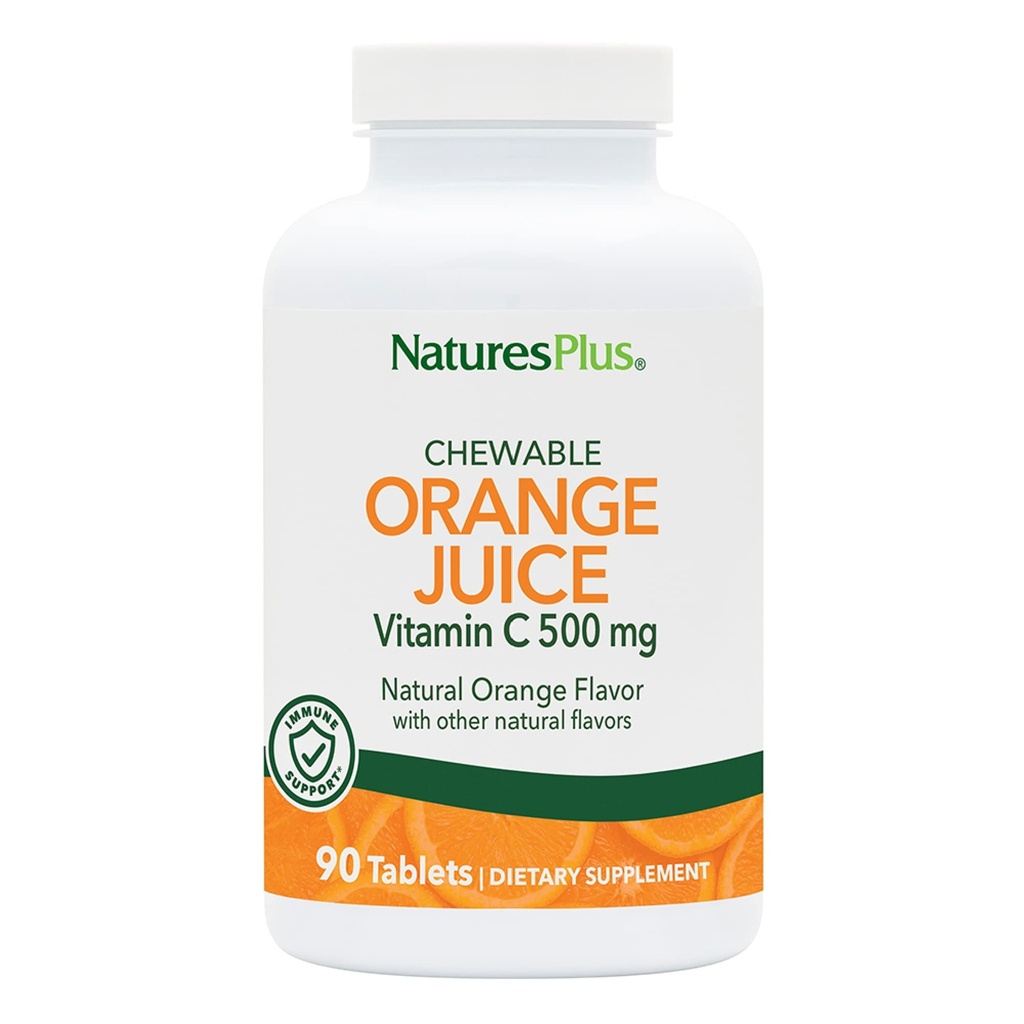 Natures Plus Orange Juice Chewable vitamin C - 500 mg, 90 tabletter - høy potens immun- og vaskulær helse støtte Supplement, antioksidant - Gentle on mage - vegetarisk, glutenfri - 90 Services