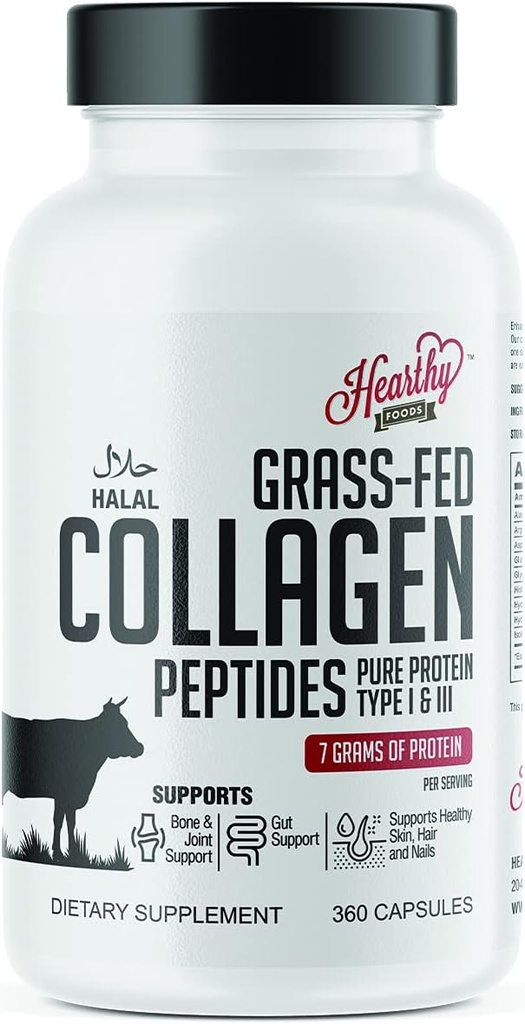 HEARTHY FOODS Collage Pills Supplement (type I, III), 360 Collage Capsules Sunt hår, hud, negler, ledder - Dairy og Glutenfri kollagen Supplement - 7 gram Protein Per Serving