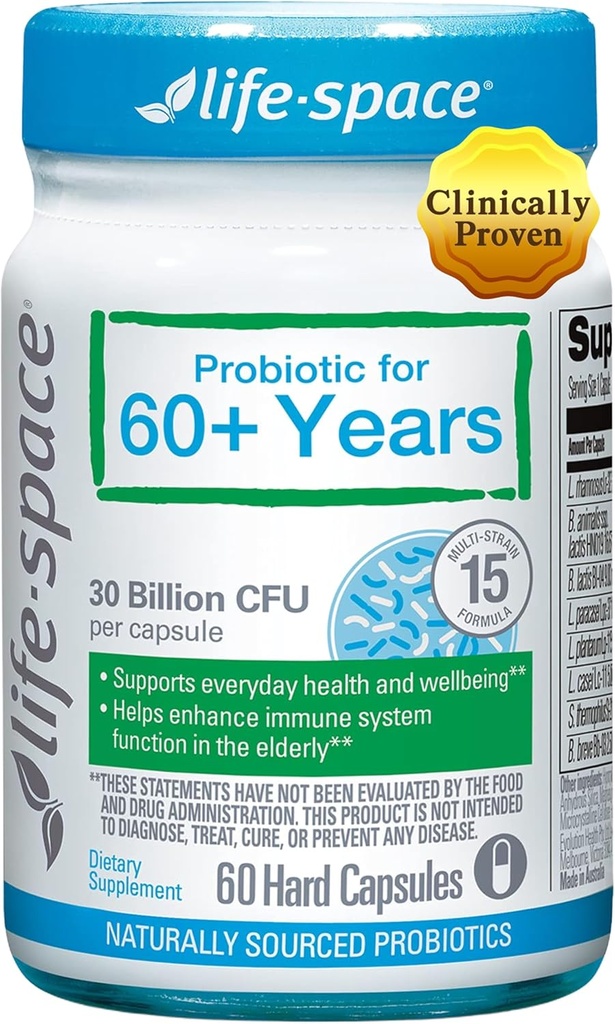 Life-Space Probiotic i 60+ år, støtter intestinal immunitet og helse, gastrointestinal vitalitet, Bifidobacterium laktis, 30 milliarder CFU, Multi Strains - 60 kapsler