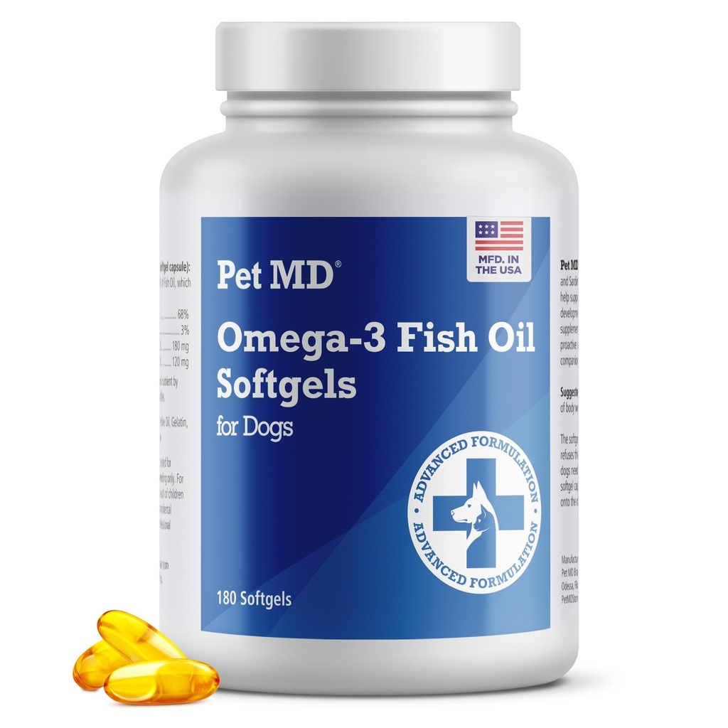 Kjæledyr MD – Omega 3 Fish Oil Supplement for hunder – Hud og Coat Support for hunder – 180 Softgels