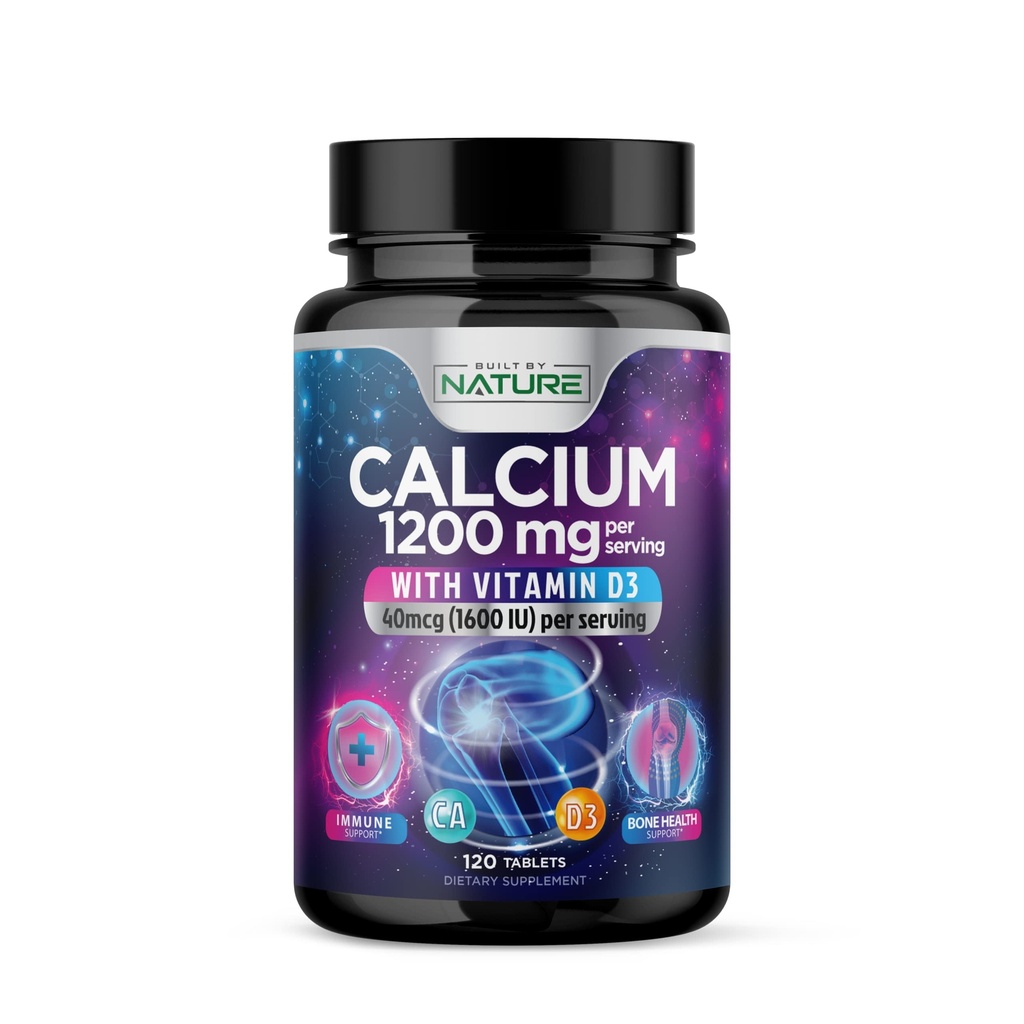 Kalsium 1200mg med vitamin D3 for best absorpsjon - Advanced Bone Support Supplement, 1200 mg kalsiumkarbonat & 1600 IU vitamin D3, langsom frigjøring for immunstøtte, lett å svelge, 120 tabletter