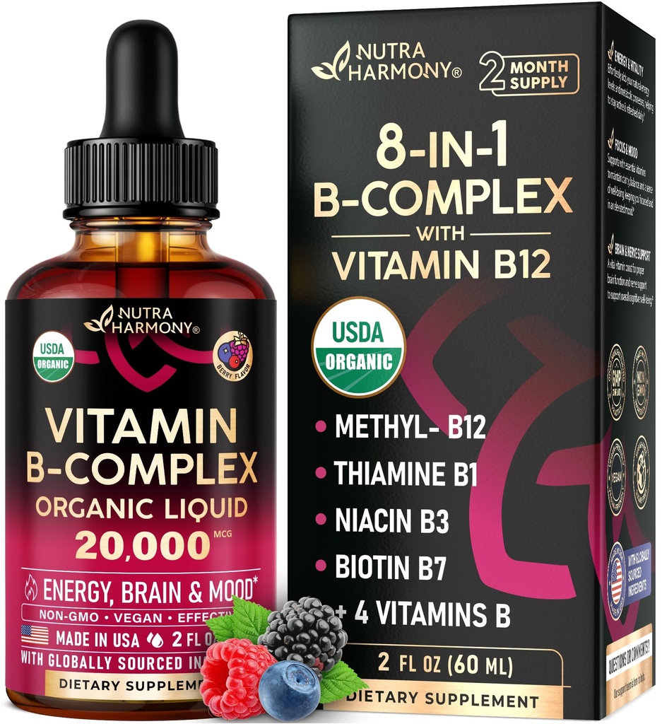 USDA organisk vitamin B-kompleks B5 Pantotensyre | B12 Metylkobalamin | B1 Thiamin | B6 Pyridoksin | B7 Biotin | B9 FOLI | B3 Niacinamid - B kompleks flytende dråper, laget i USA Supplement, 2fl oz