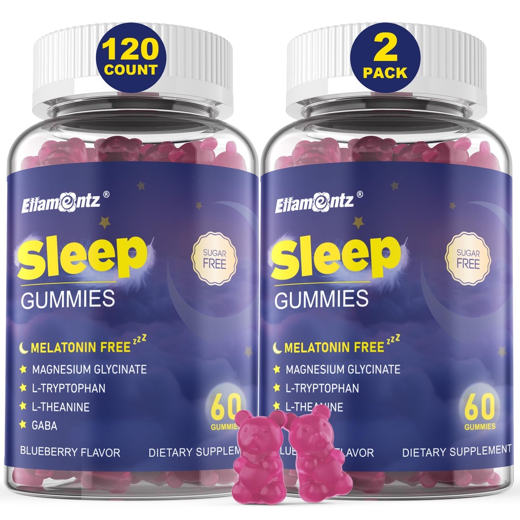 Melatonin Free Sleep Aid Gummies for voksne, sukkerfri sovende gummy No Melatonin, naturlige rolige gummier med magnesiumglykinat, L-tryptophan, L-theanin, GABA, Ashwagandha, Valerian, 120cts