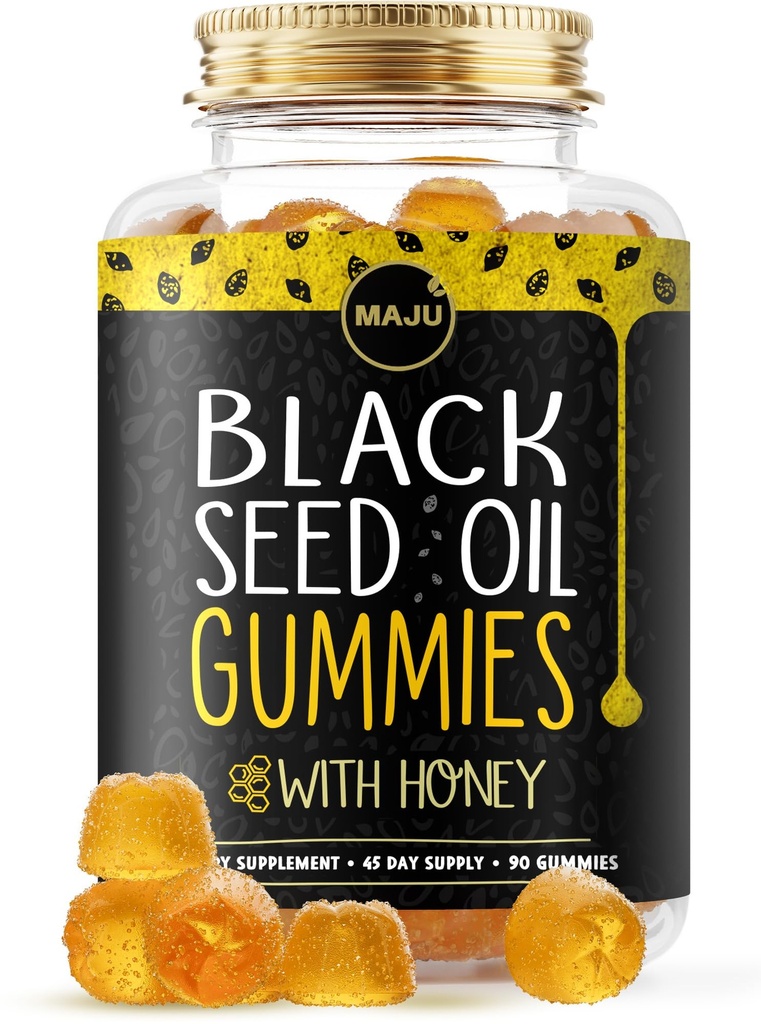 MAJU's Black Seed Oil Gummies med Honning 90ct, 500 mg BSO Gummy, Black Cumin Seed Nigella Sativa Olje, Kaldpresset, Potent Formula, 90ct