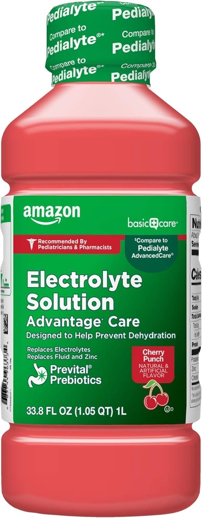 Basic Care Electrolyte løsning fordeler omsorg med preVital prebiotika, Cherry Punch, designet for å hindre dehydrering, erstatter elektrolyter, fluid og sink, 33,8 fl oz (Pack of 1)