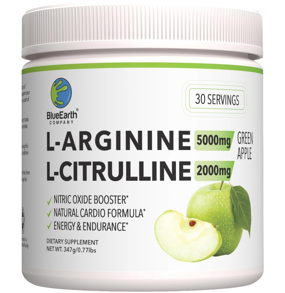 L-Arginine 5000mg + L-Citrulline 2000mg Complex Powder Supplement Drikkemiks - Nitric Oxid Booster for hjerte helse, blodflyt og energi - 30 serveringer (grønn Apple)
