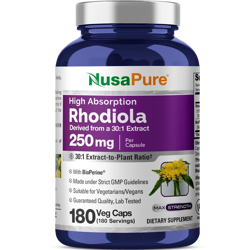 NusaPure Rhodiola Rosea 7.500mg 180 Veggie kapsler (Non-GMO, ekstrakt 30:1, Vegan & Glutenfri) Bioperin