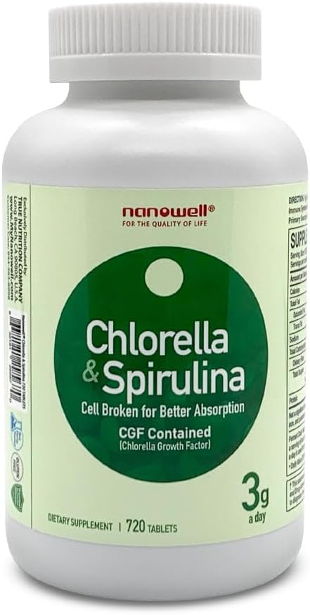 NANOWELL Klorella & Spirulina 720 tabletter - Klorella, Spirulina, Antioksidanter, Vitaminer, Rik på Proteiner, Broken Cell Wall (720 Antall)