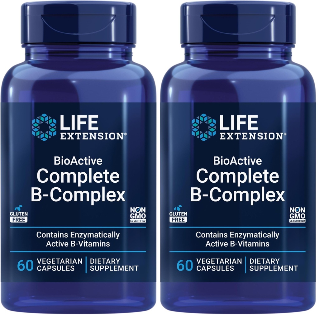 Livsforlengelse Bioaktiv Complete B-Complex, hjerte, hjerne og nerve støtte, sunn energi, metabolisme, komplett B kompleks, 60 vegetariske kapsler (pakke med 2)