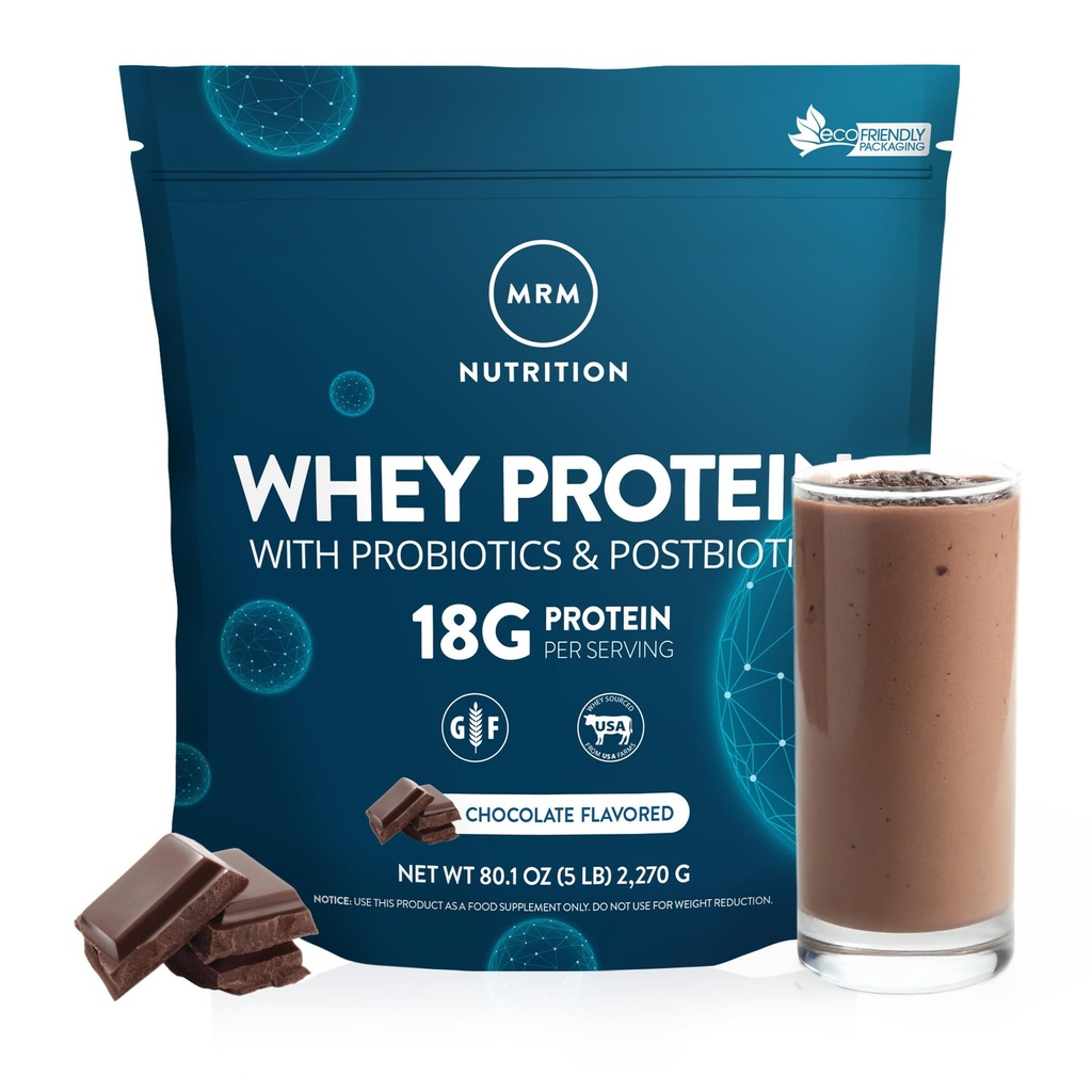 MRM Nutrition Whey Protein | Sjokoladeflavorert | 18g Protein | med 2 milliarder probiotika + Digestive enzymer + BCAA | Høy absorpsjon + Digestion | Hormon + antibiotika Gratis | 87 Serveringer