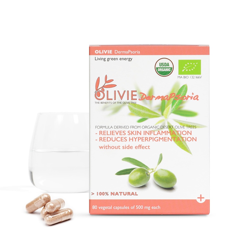 Økologisk Olive Leaf Extract Supplement for kvinner og menn ved OLIVIE | DermaPsoria Supplement for Psoriasis, Eczema, Hyperpigmentering | Olive Oljekapsler | Antioksidant Polyfenoler | 80 Vegetal Kapsler