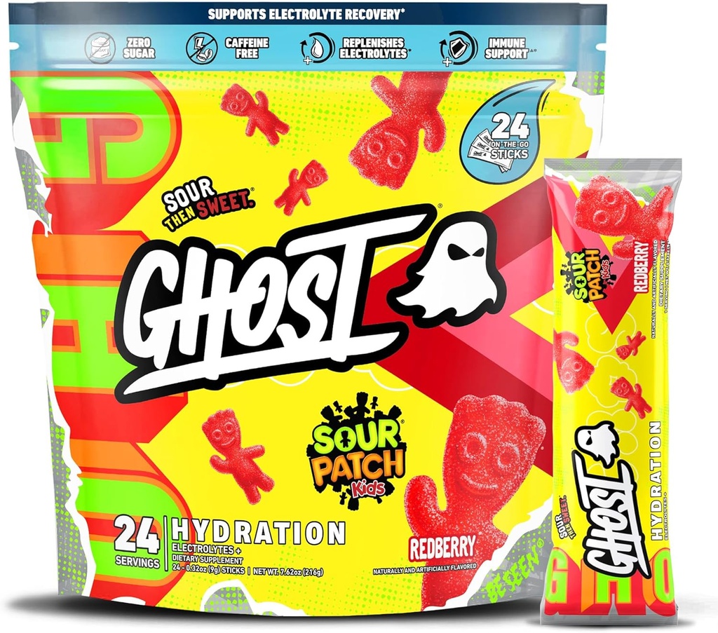GHOST Hydration Packets, Sour Patch Kids Redberry, 24 Sticks, Electrolyte Powder - Drikkemiks Supplement med magnesium, Kalium, Kalsium, vitamin C - Vegan, fri for soya, sukker og gluten