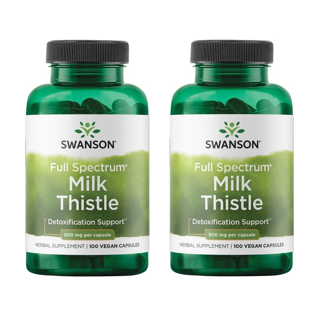 Swanson Milk Thistle - Herbal Liver Support Supplement - Naturlig formel som bidrar til å opprettholde generell helse og velvære - (100 kapsler, 500 mg hver) 2 Pack