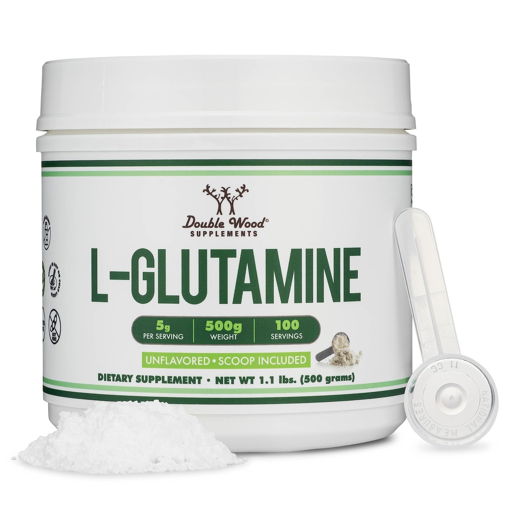 L Glutamin pulver 1.1lbs (100 serveringer på 5 gram hver - tredjepart testet L-Glutamin pulver) Uslavored, Keto, Vegansk Vennlig (med Scoop) for trening Endurance og Gut helse ved dobbel tre