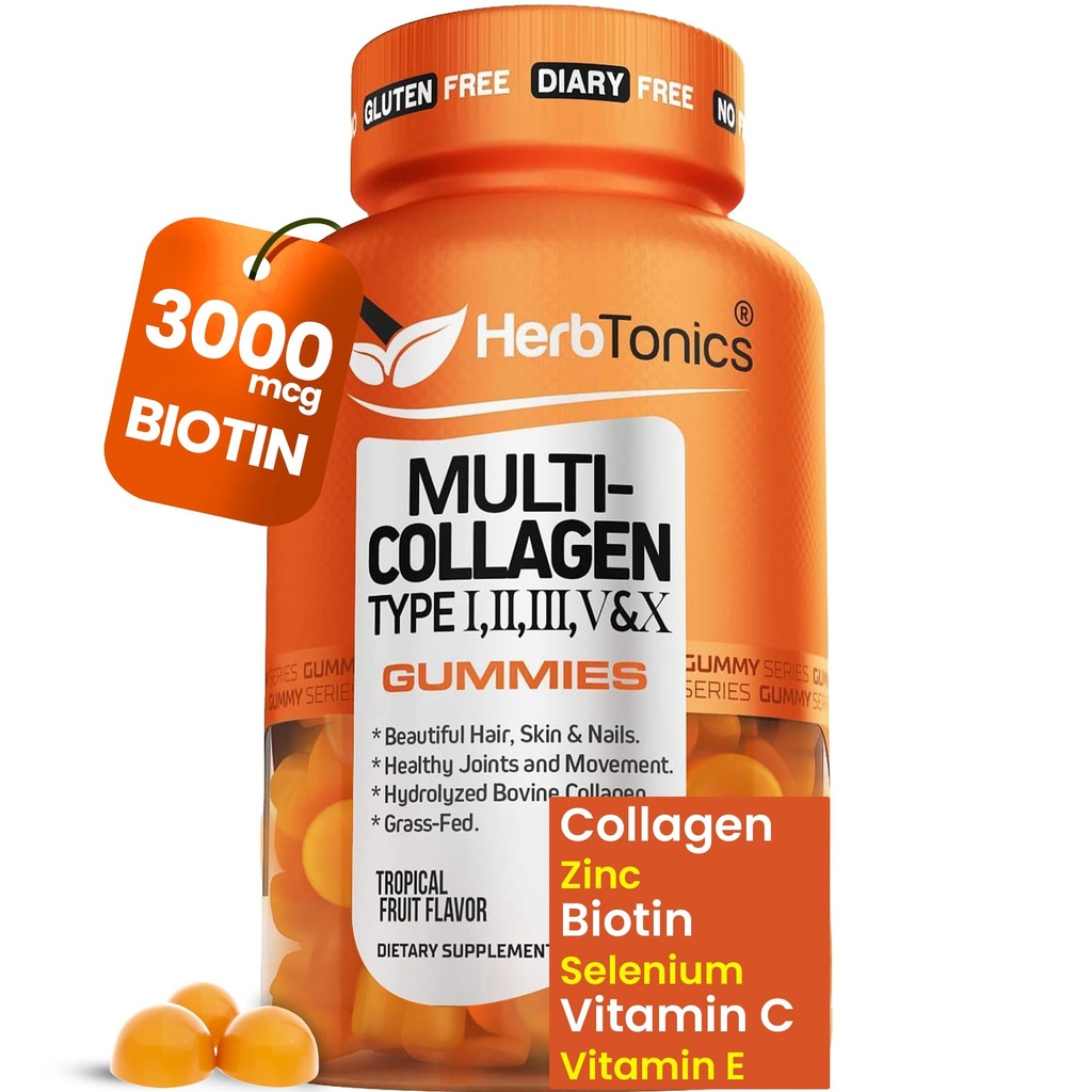 Herbtonics Multi Collage Gummies med Biotin & Vitamin C, Hydrolysert Collage Peptides Typer I, II, III, V, X for hår, hud, negler, & bein støtte - Tropisk Flavor, 60 Gummies