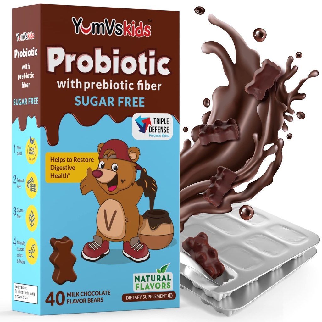 YumVs probiotika for barn med prebiotisk fiber sukker gratis sjokolade Chewable kosttilskudd - kosttilskudd Chewables for digestive helse - barn, barn og tenåringer 60 greve