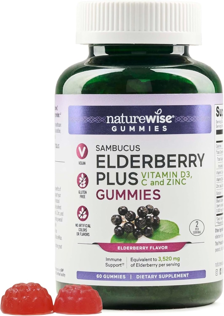NatureWise Sambucus Elderberry Gummies - immunstøtte Supplement for barn i alderen 4+ & voksne med vitamin C, D3, sink - eldrebær tilsvarende 3520mg - Vegan, ikke-GMO - 60 greve[30-dagers forsyning]