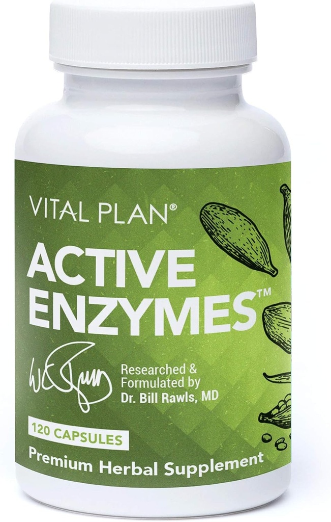 Vital Plan Active Enzymes Supplement av Dr. Bill Rawls - Digestive Enzymes for Gut Helse & Digestion - Protease, Bromelain, Lactase, Amylase & Lipase (120 kapsler)