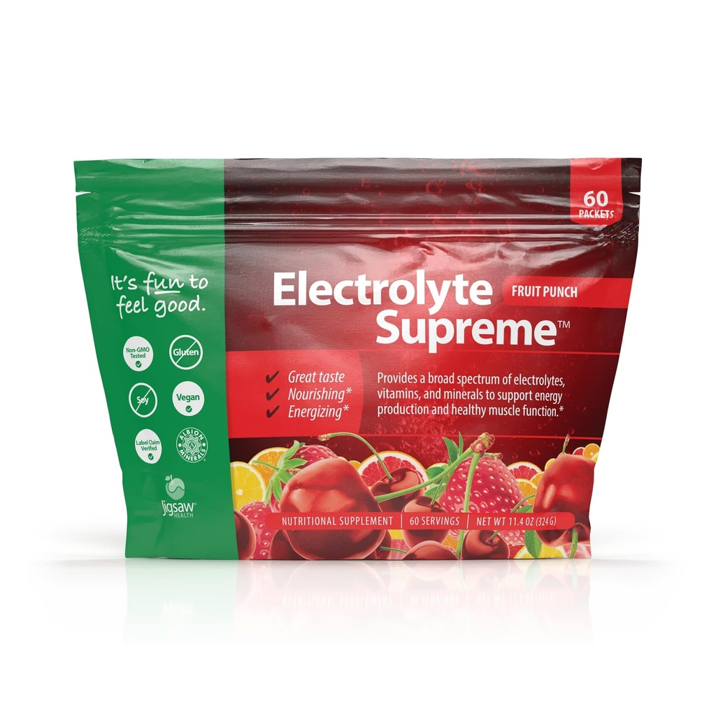 Jigsaw Helse Electrolyte Supreme | Bredt Spectrum av elektrolyter + Trace Minerals | Fruit Punch Flavor | 60 Serveringer (Packets)
