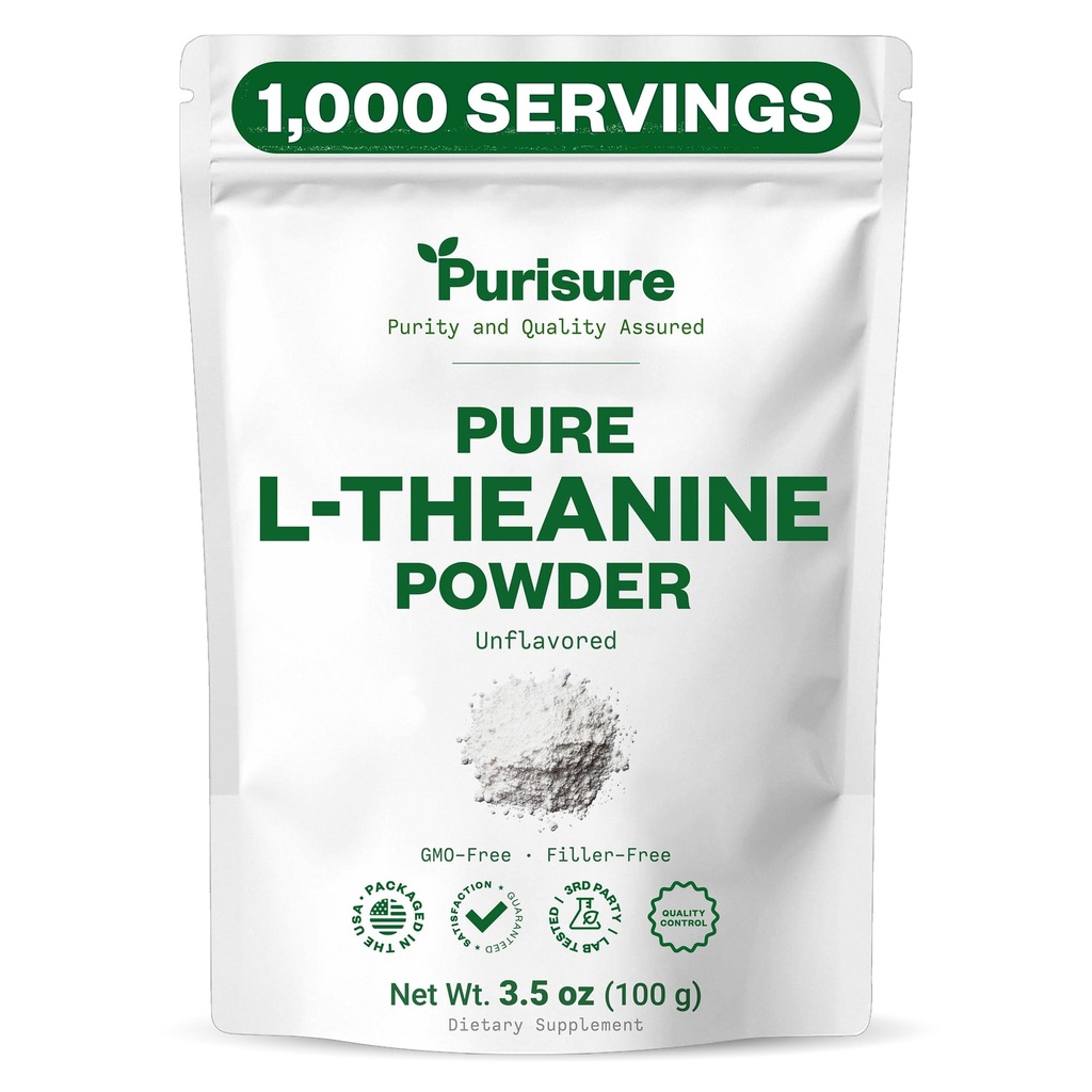 Purisure L-Theanine pulver, 100 g, ren L teanine pulver som fremmer avslapning og fokus, kosttilskudd for kognitiv funksjon, ingen fyllstoffer, ikke-GMO, 1000 serveringer