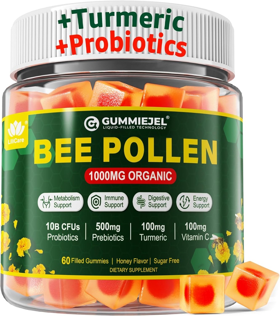 Digestiv Helse & Vekt Bee Pollen Organic 1000 mg, w/Probiotika, Prebiotika og Turmeric, Bee Pollen Gummier rik på B-Vitamin, Antioksidanter, Aminosyrer, for Digestive, Vekt og energi