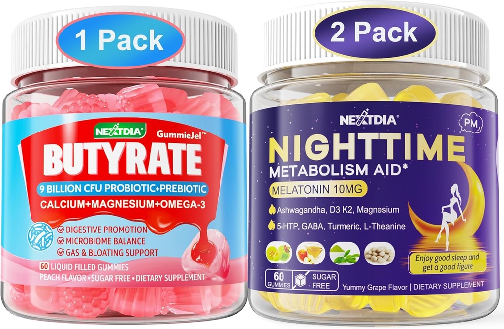 Bundle: Butyrat Gummier med probiotiske + Prebiotiske + Postbiotika & Melatonin 10 mg 20 mg natttid metabolisme søvn Gummies