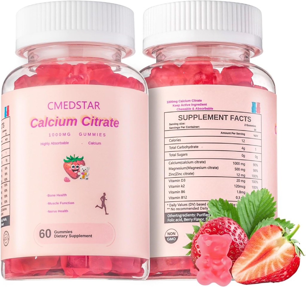 Chewable kalsium Citrate Gummies 1000mg med vitamin D3 & K2, B6 & B12, magnesium, sink for bein, muskler og joints, immunitet og minne støtte, Sukker-fri, Glutenfri, Vegetarisk, Jordbær, 60 greve