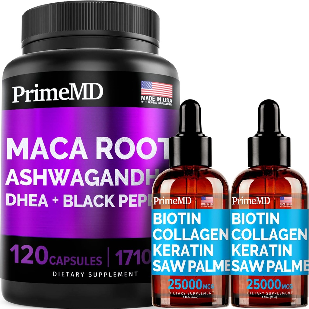 4-i-1 flytende Biotin Collagen Keratin Sag Palmetto Drops (2 fl oz - 2 Pack) & 6-i-1 Maca Root Ashwagandha w Black Pepper Fruit (120ct) Bundle - Håret, huden, negler, energi og Mood Support Supplement