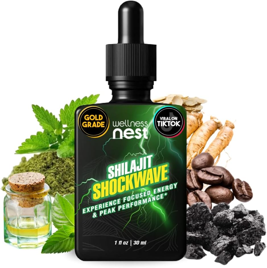 Wellness Nest Shilajit Shockwave Drops: Energidråper, Focus Drops - Ren Himalayan Shilajit med naturlig tulsi, Panax Ginseng, Peppermint, Japanmint Supercharge din dag - 30 Serveringer