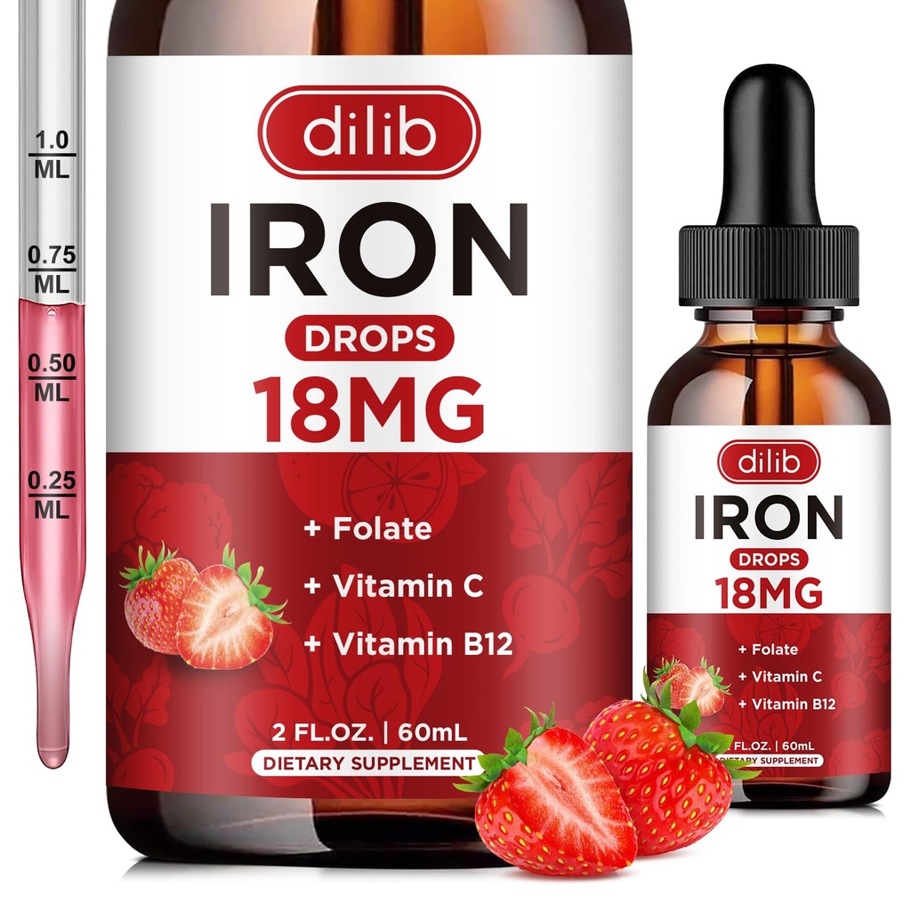 Væske jern Supplement for kvinner og menn jerndråper jern kosttilskudd for anemi med folat, vitamin C, B12 for rød blodcelle støtte-Strawberry, 2 Fl Oz