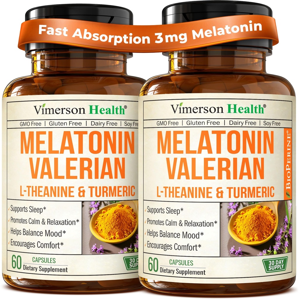 Melatonin søvnhjelp med L Theanine & Valerian Root – gurkemeie Supplement – gurkemeie curcumin med Ginger & Black Pepper – L-Theanine & Melatonin 3 mg for søvn, ro og stress relief – 2 pakke