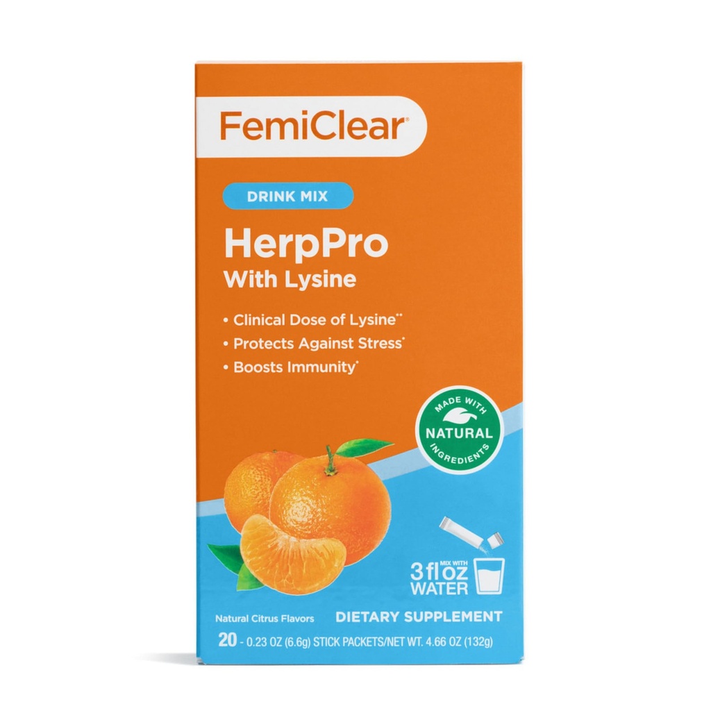 FemiClear HerpPro Drink Mix, med L-Lysine 3000mg, sink, vitaminer A & C, Ashwagandha, immunitet og stress supplement for kvinner og menn, 20 Stick Packets