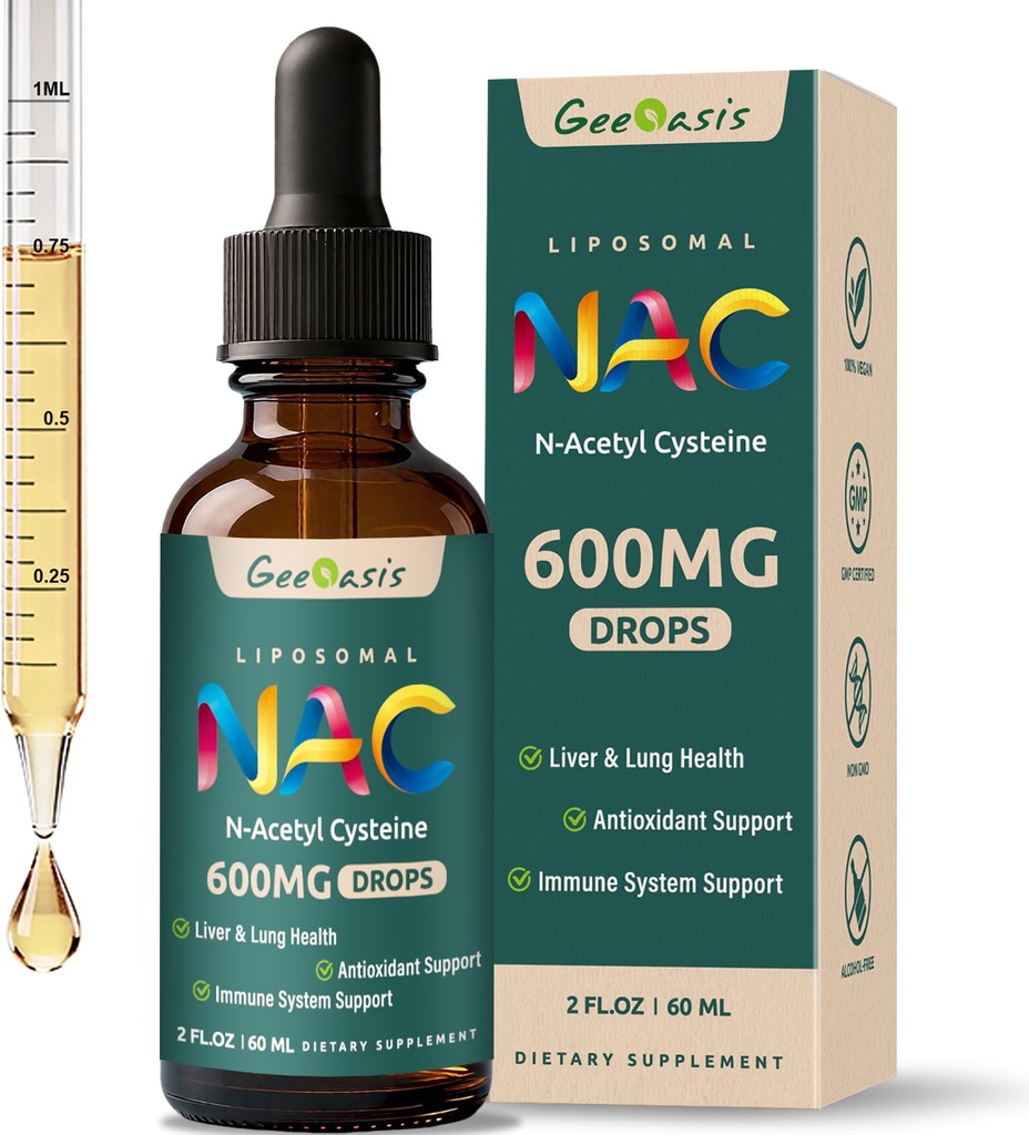 Liposomal flytende NAC Supplement N-Acetyl Cystein Drops, N Acetyl Cysteine 600 mg med Quercetin & sink for voksne og barn, Liver & Lung støtte, antioksidant, immun og hud helse, 2 Fl Oz