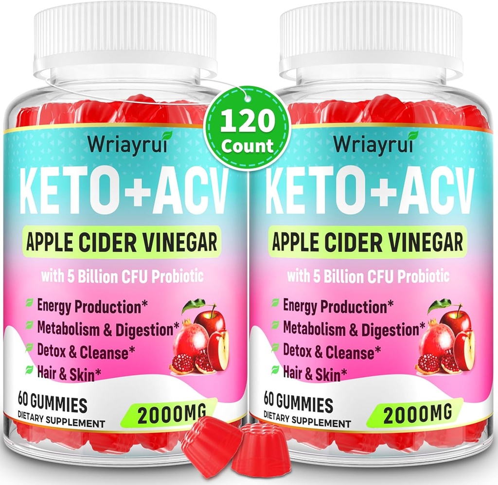 Apple Cider Vinegar Gummies, avansert keto ACV Gummies, ACV Gummies for detox, rengjøring, metabolisme og digestion, Keto støtte, formulert med grønn te, B6 & B12, Probiotika, 120 greve