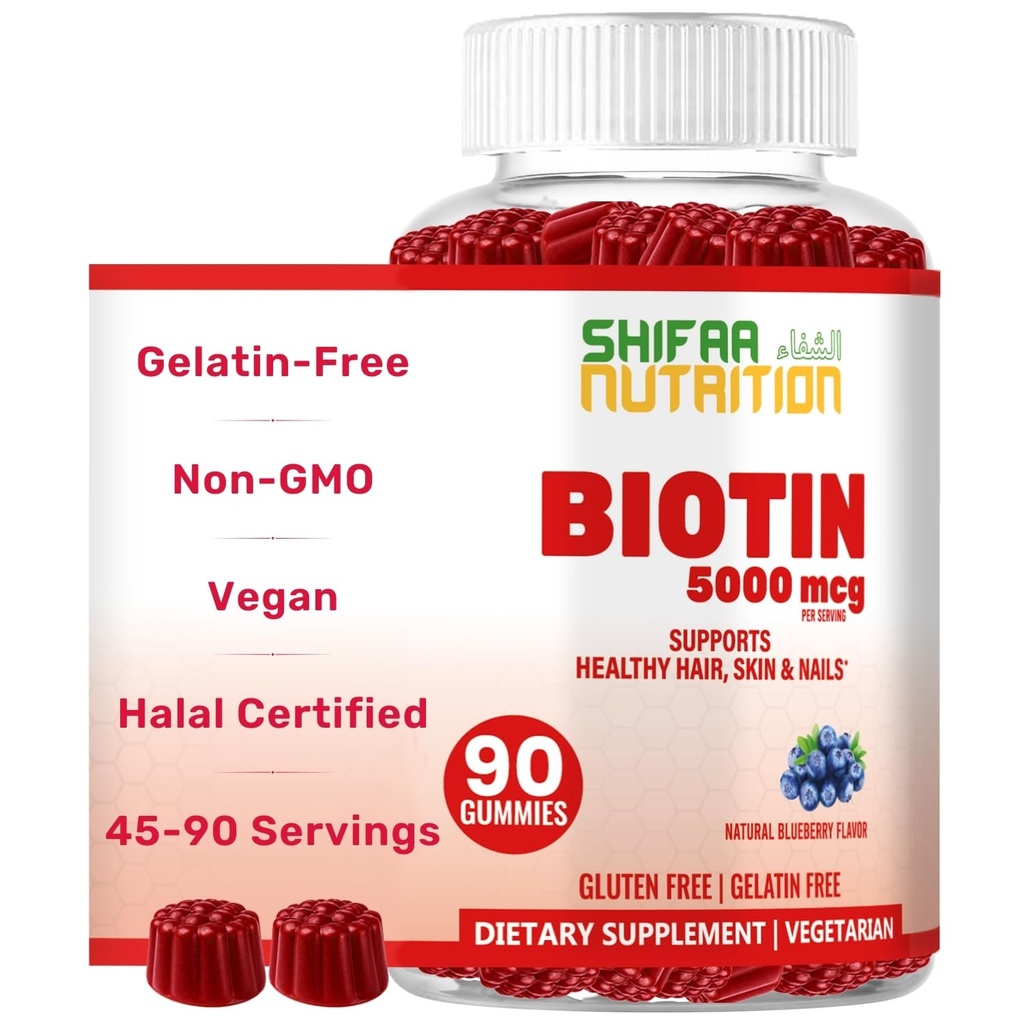 SHIFAA NUTRITION Vegansk Biotin Gummies for voksne og barn | 90 Gummies | 5000 mg 45 Serveringer | Ikke-GMO | Gluten, Gelatin, Peanuts, Egg & Dairy Gratis | Biotin Gummy vitaminer for hår, hud & negler Halal