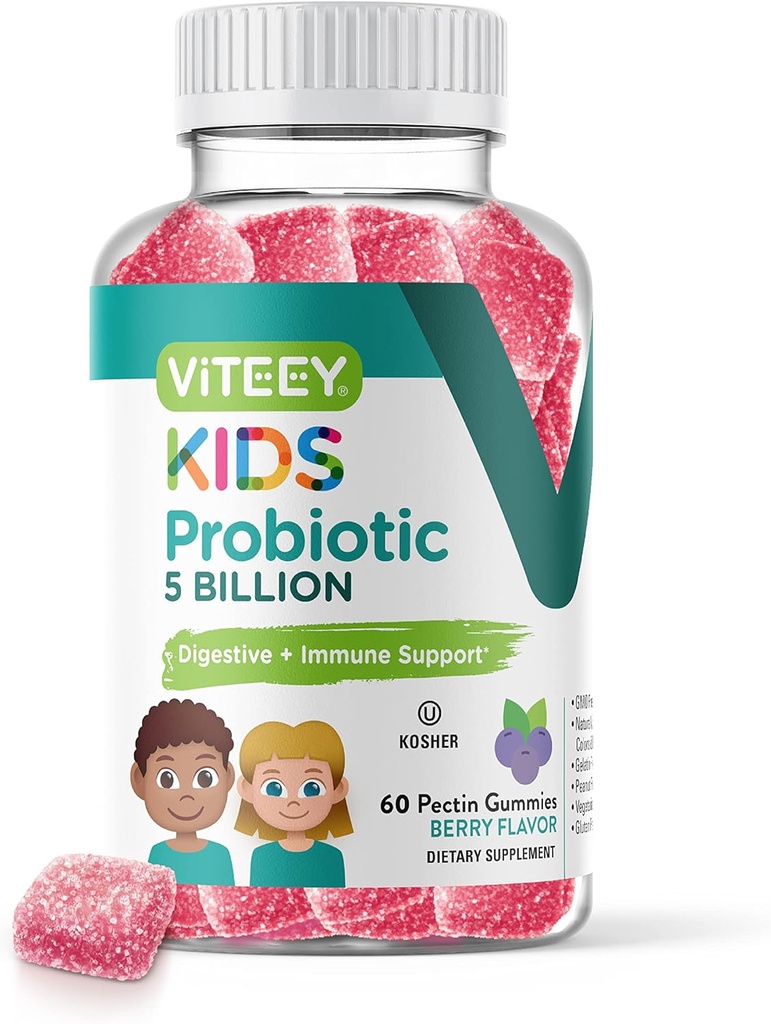 Viteey Probiotic Gummies for Kids - 5 milliarder CFUs - Probiotika Kids lindring, Naturlig immun & Digestive Helse Support - Vegetarisk, Gelatinfri, GMO Gratis - Tasty Berry Flavored Gummy