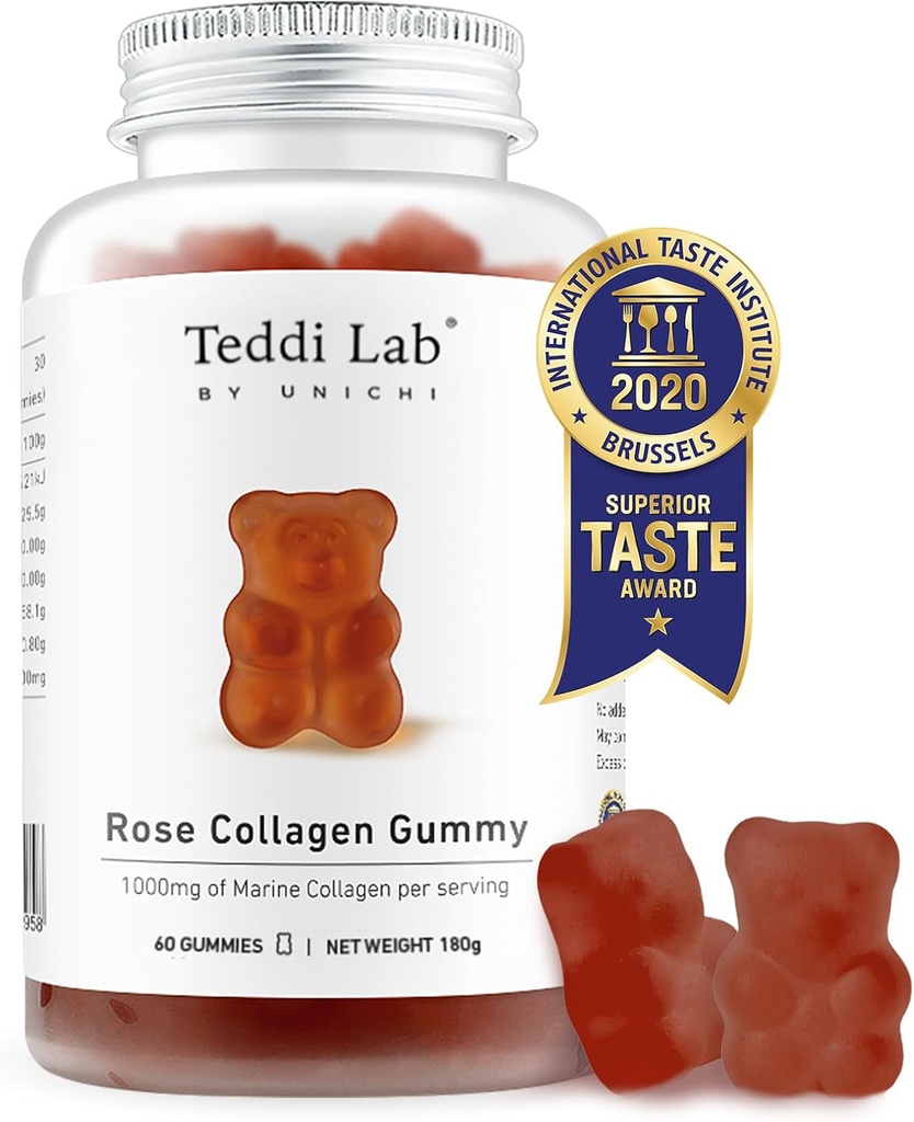 Unichi Rose Collage Gummy, 1000mg høy-Volume Marine Collage Gummy Kosttilskudd for kvinner med collagen Peptides, Rose Petals, Acerola Cherry, Rosehip, 60 greve