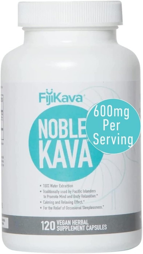 FijiKava Noble Kava Kava Capsules, 600 mg Kavalactones Per Servering, Naturlig avslapning og søvnstøtte Supplement, Vegan & ikke-GMO, 120-talls, Premium Piper Methysticum ekstrakt for ro og stress relief