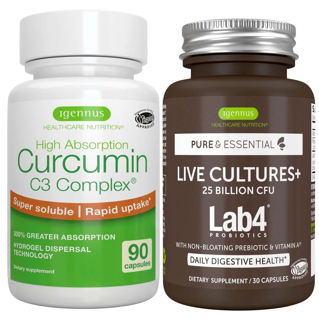 Levende kulturer+ Lab4 Probiotika + høy absorpsjon Curcumin C3 Complex Vegan Bundle, 25 milliarder CFU Probiotika, Ikke-Bloating Prebiotic + 300% større absorpsjon Curcuminoids med Rapid Uptake, Av Igennus